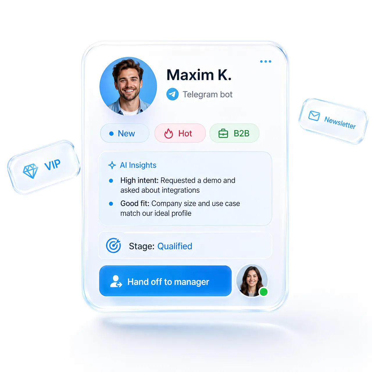 Карточка лида Instagram в CRM с AI-инсайтами и 4 шаблонами: Розиграш, Welcome DM, Story Quiz, Flash Sale