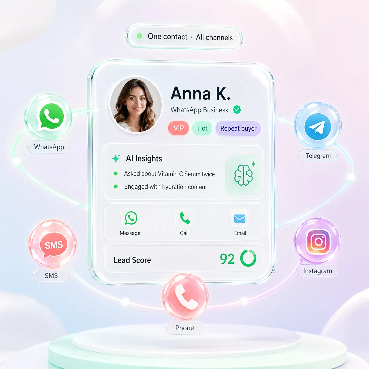 Карточка лида Instagram в CRM с AI-инсайтами и 4 шаблонами: Розиграш, Welcome DM, Story Quiz, Flash Sale