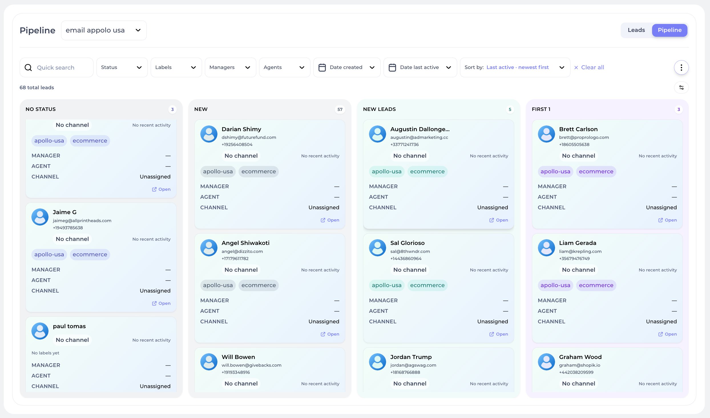 AI-powered sales pipeline, Kanban view with leads across stages