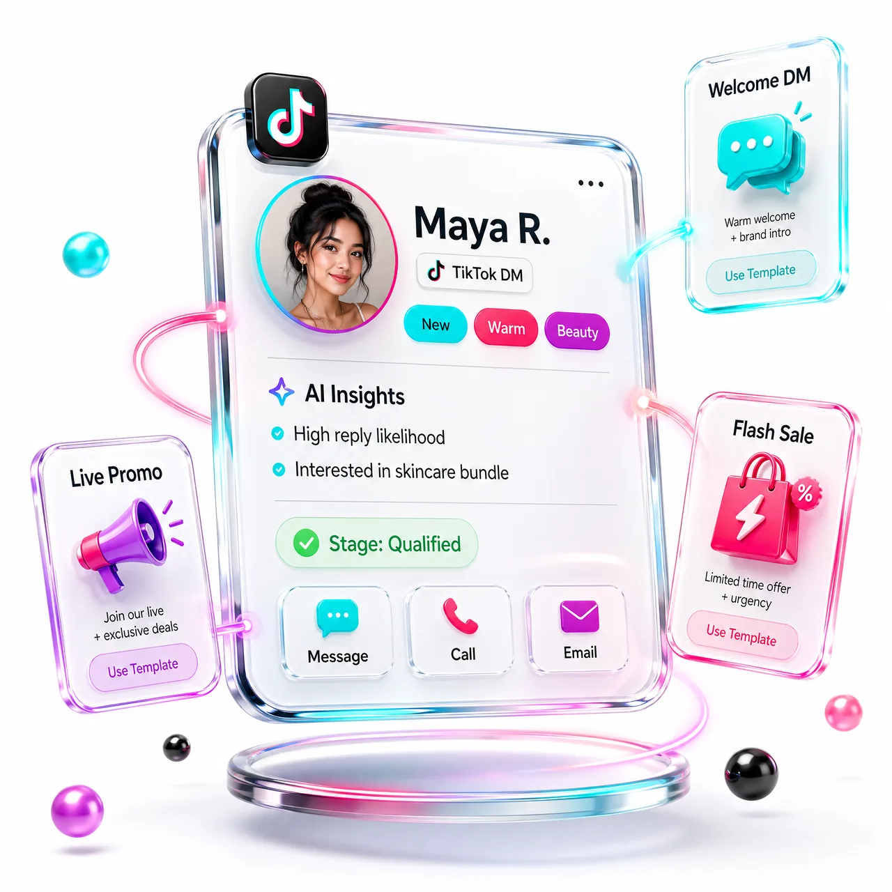 Картка ліда Instagram у CRM з AI-інсайтами та 4 шаблонами: Розіграш, Welcome DM, Story Quiz, Flash Sale